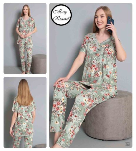 Çiçek Desenli Kısa Kollu Uzun Pijama Takımı