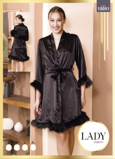 LADY lingerie Bride Tüylü Detaylı Saten Sabahlık - resim 1