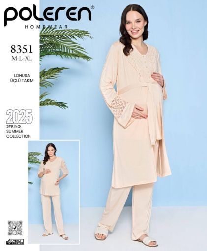Poleren Home Wear 8351 Kodu 2025 İlkbahar/Yaz Koleksiyonu Lohusa Üçlü Takımı, Açık Mint Yeşili/Turkuaz Renkte Dantel Detaylı Hamile Pijama ve Sabahlık Seti - resim 1