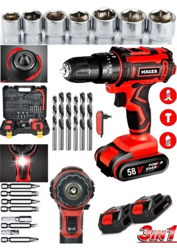 Mager Alman 58 Watt 8 Ah Metal Şanzıman Darbeli Li-Ion Bataryalı Çift Akülü Vidalama Matkap