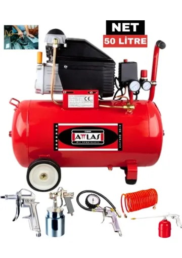 Attlas 2 HP 50 Litre Hava Kompresörü + 5 Parça Havalı Set | Model: HK2050 | Profesyonel Kullanım - resim 1