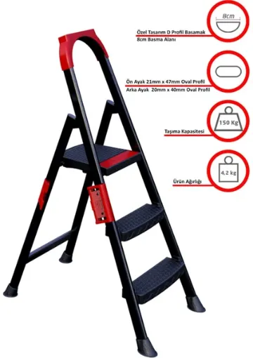 Ertekpa Anka Plus 2+1 Basamaklı Metal Siyah Merdiven - resim 1