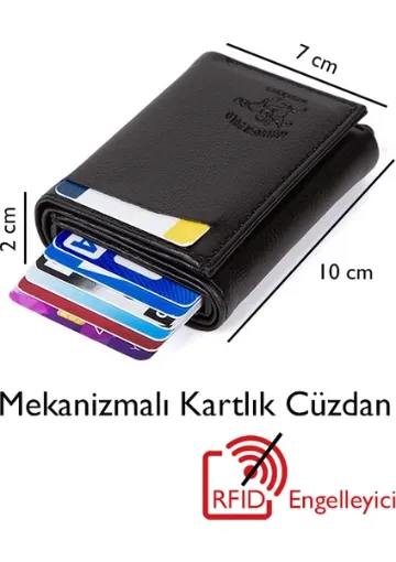 Adelina Erkek Siyah Deri Mekanizmalı Otomatik Kızaklı Kartlık Cüzdan (7CMX10CM) - resim 1