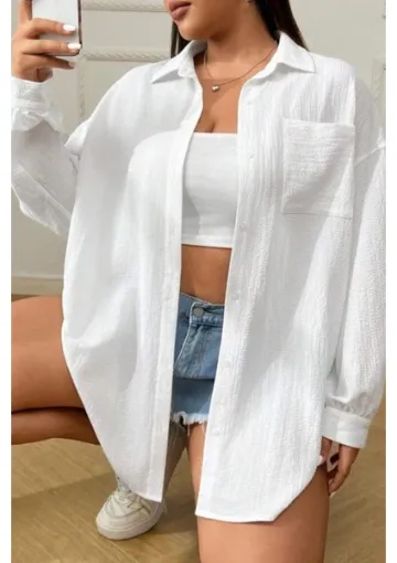 Trendseninle Kadın Beyaz Tek Cepli Bürümcük Oversize Gömlek - resim 1
