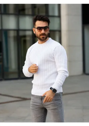 Trendseninle Erkek Beyaz Selanik Bisiklet Yaka Triko Kazak - resim 1