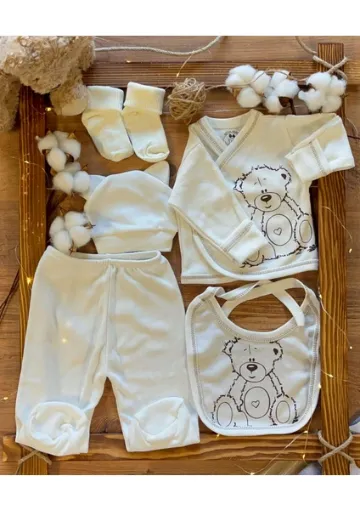 Betül Bebek 5 Parça Yeni Doğan Zıbın Set Hastane Cıkışı Organik Kumaş Ayıcık Desenli - resim 1