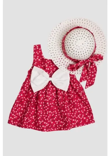 Chicsy Baby Şapkalı Çiçek Desenli Fiyonklu Kız Bebek Elbisesi - resim 1